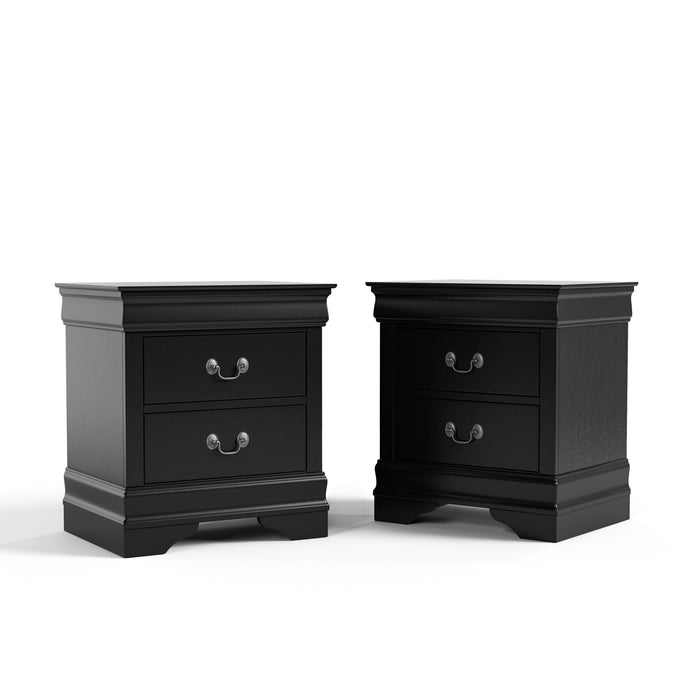 Set of two traditional black finish solid wood two-drawer nightstands on a white background