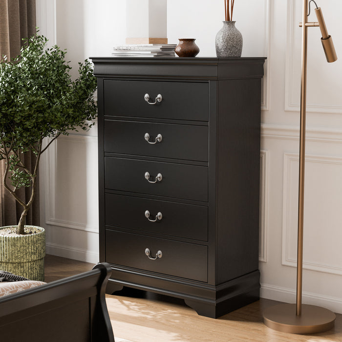 Left facing traditional black finish solid wood five-drawer chest in a room with accessories