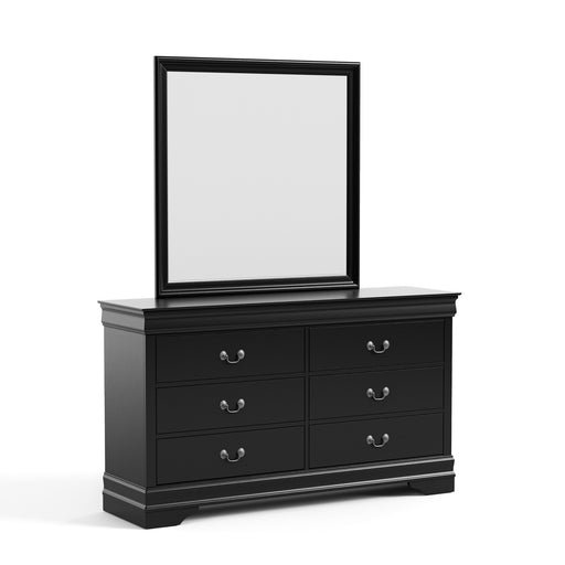 Right facing traditional black finish solid wood six-drawer dresser with a framed mirror on a white background