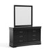 Right facing traditional black finish solid wood six-drawer dresser with a framed mirror on a white background