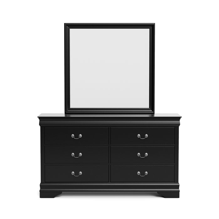 Front facing traditional black finish solid wood six-drawer dresser with a framed mirror on a white background