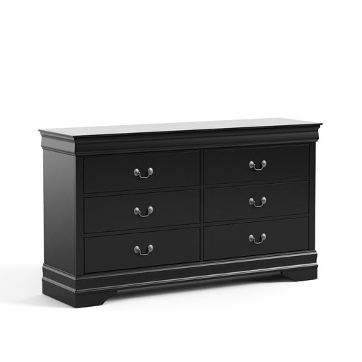 Right facing traditional black finish solid wood six-drawer dresser on a white background