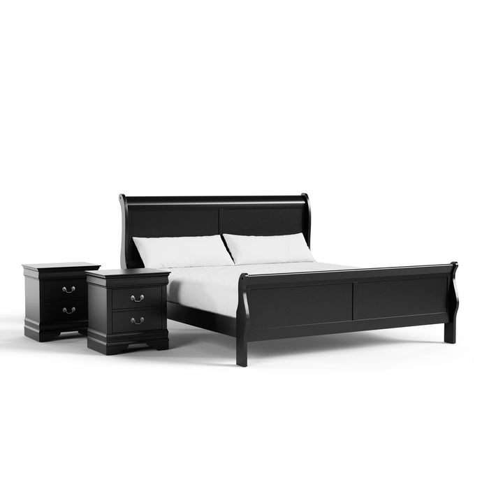 Right facing three-piece traditional black finish solid wood king bedroom set with (1) king sleigh bed and (2) two-drawer nightstands on a white background