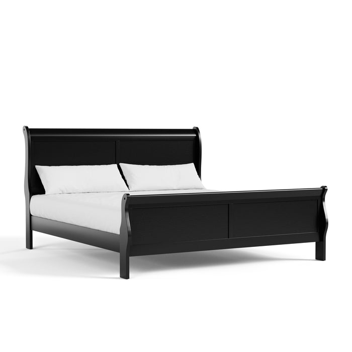 Right facing traditional black finish solid wood king sleigh bed with linens on a white background