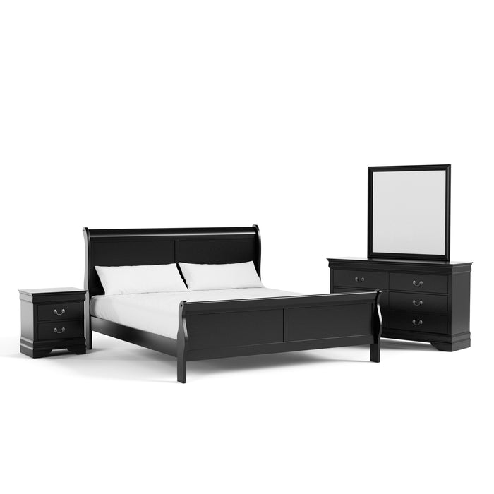 Right facing four-piece traditional black finish solid wood king bedroom set with (1) king sleigh bed, (1) two-drawer nightstand, (1) six-drawer dresser, and (1) mirror on a white background