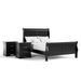 Right facing three-piece traditional black finish solid wood full bedroom set with (1) full sleigh bed and (2) two-drawer nightstands on a white background