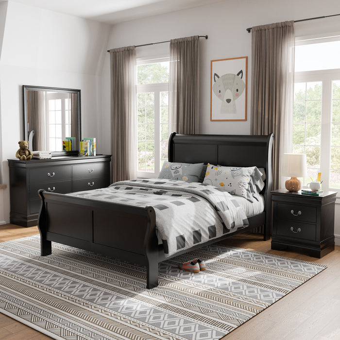 Left facing four-piece traditional black finish solid wood full bedroom set with (1) full sleigh bed, (1) two-drawer nightstand, (1) six-drawer dresser, and (1) mirror in a room with linens and accessories