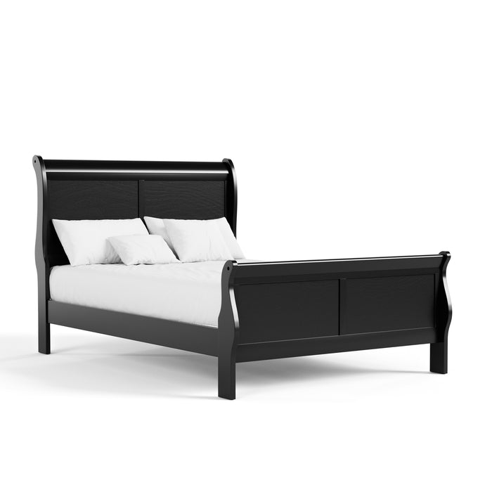 Right facing traditional black finish solid wood full bed with linens on a white background