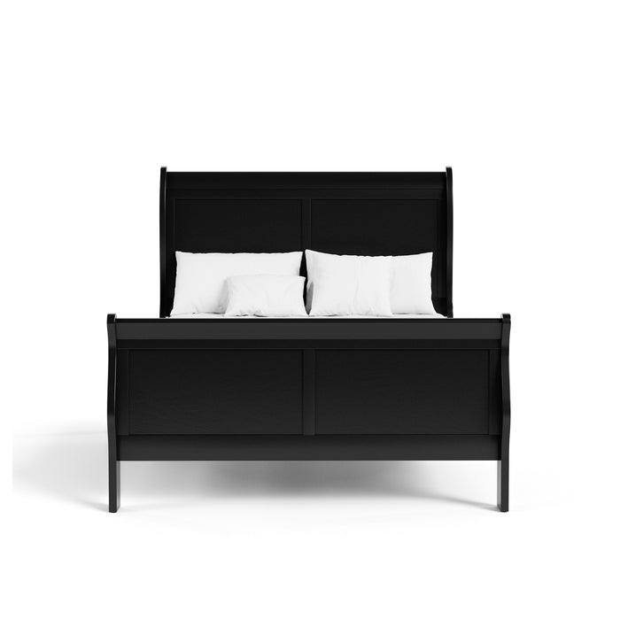 Front facing traditional black finish solid wood full bed with linens on a white background