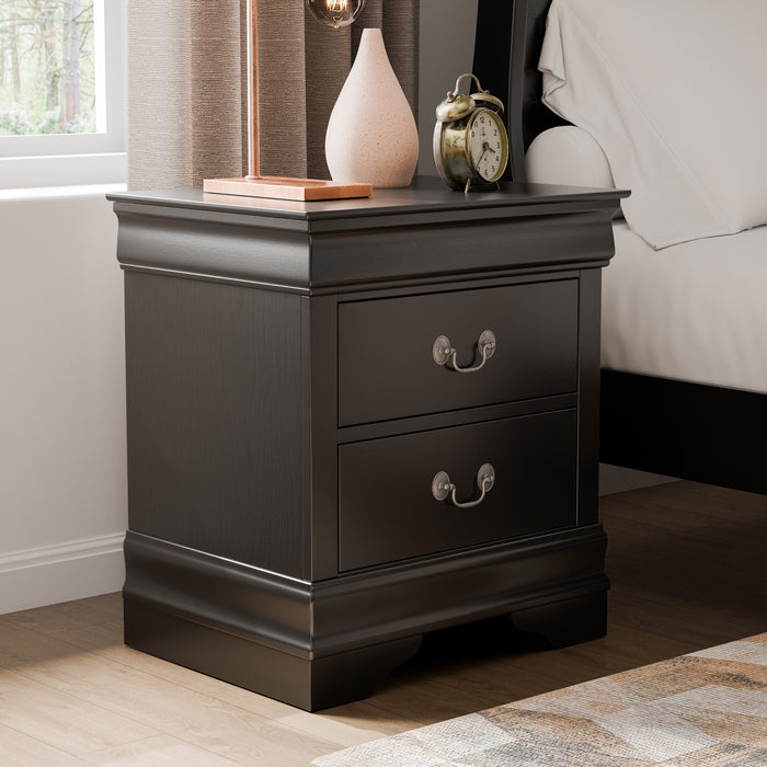 Right facing traditional black finish solid wood two-drawer nightstand in a room with accessories