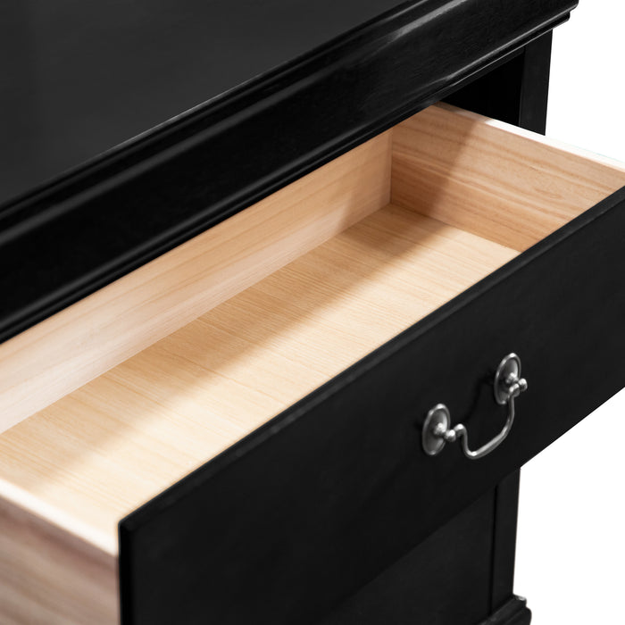 Right facing close up of a traditional black finish solid wood two-drawer nightstand with its top drawer open on a white background