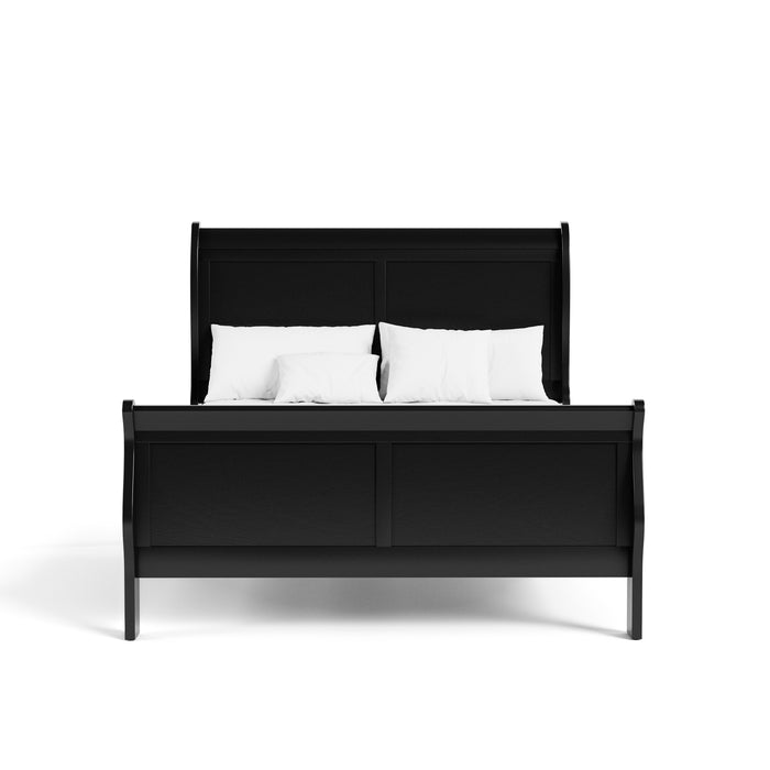 Front facing traditional black finish solid wood queen sleigh bed with linens on a white background