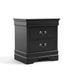 Right facing traditional black finish solid wood two-drawer nightstand on a white background