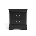 Front facing traditional black finish solid wood two-drawer nightstand on a white background