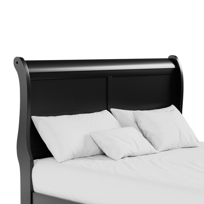 Right facing close up view of a traditional black finish solid wood queen sleigh bed showing its headboard, on a white background