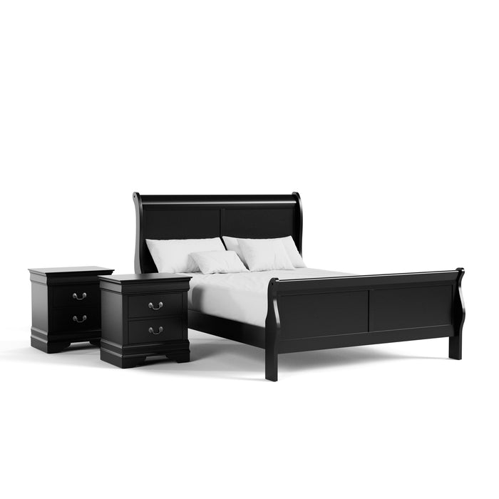 Right facing three-piece traditional black finish solid wood queen bedroom set with (1) queen sleigh bed and (2) two-drawer nightstands on a white background