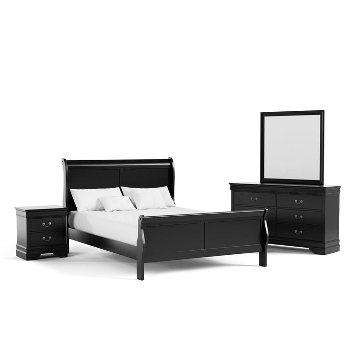 Right facing four-piece traditional black finish solid wood queen bedroom set with (1) queen sleigh bed, (1) two-drawer nightstand, (1) six-drawer dresser, and (1) mirror on a white background