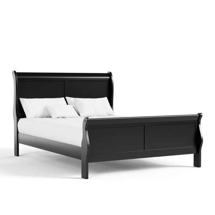 Right facing traditional black finish solid wood queen bed with linens on a white background