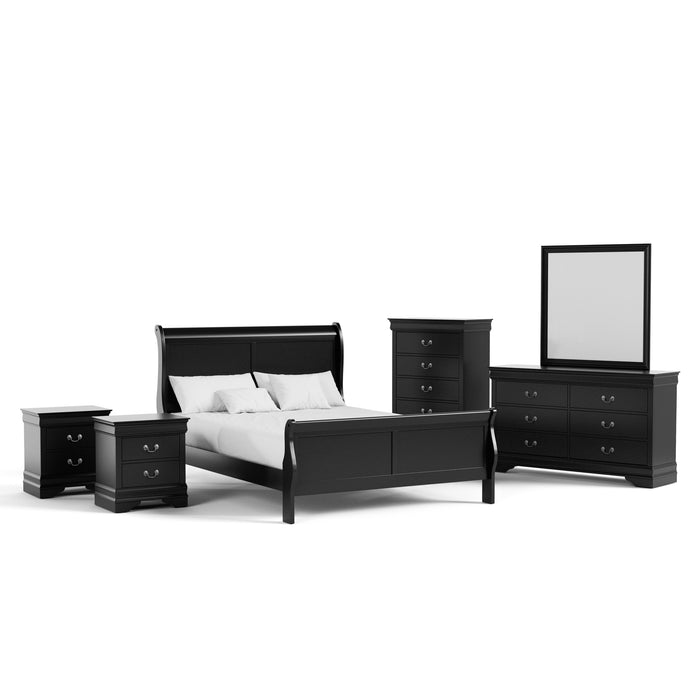 Right facing six-piece traditional black finish solid wood queen bedroom set with (1) sleigh bed, (2) two-drawer nightstands, (1) five-drawer chest, (1) six-drawer dresser, and (1) mirror on a white background