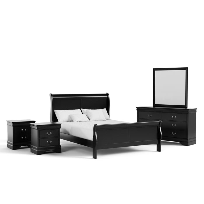 Right facing five-piece traditional black finish solid wood queen bedroom set with (1) sleigh bed, (2) two-drawer nightstands, (1) six-drawer dresser, and (1) mirror on a white background