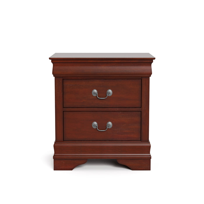 Front facing traditional cherry finish solid wood two-drawer nightstand on a white background