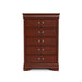 Front facing traditional cherry finish solid wood five-drawer chest on a white background