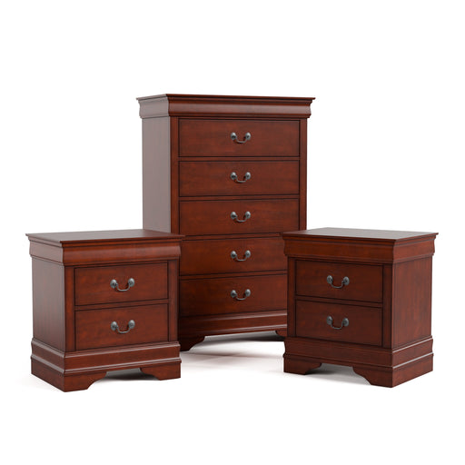 Three-piece traditional cherry finish bedroom set that includes (1) five-drawer chest and (2) two-drawer nightstands on a white background