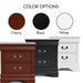 Informational image with a traditional solid wood two-drawer nightstand highlighting its finish color options