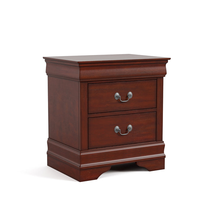 Right facing traditional cherry finish solid wood two-drawer nightstand on a white background