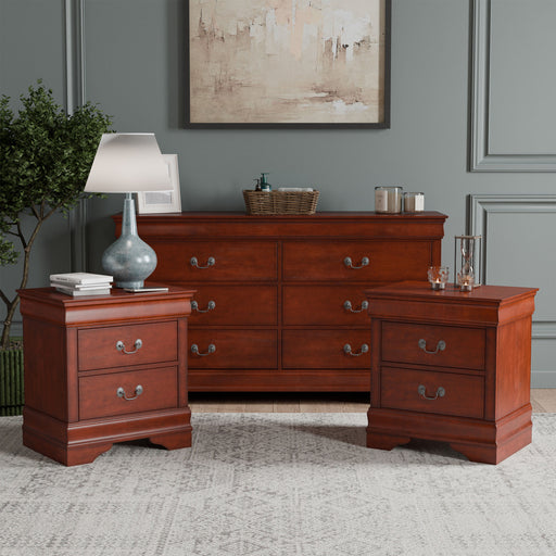 Three-piece traditional cherry finish bedroom set that includes (1) five-drawer chest and (2) two-drawer nightstands in a room with accessories