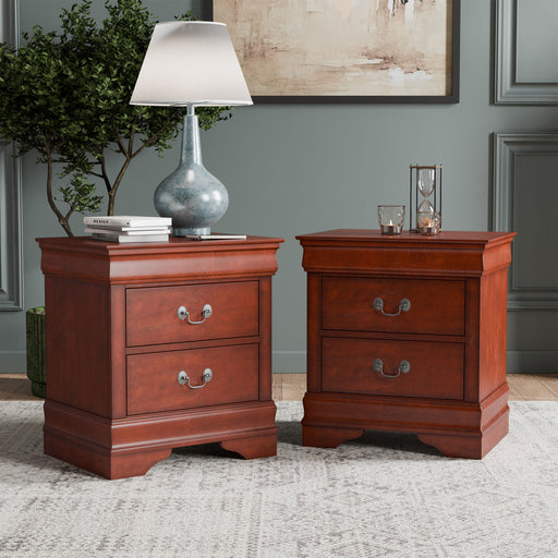 Set of two traditional cherry finish solid wood two-drawer nightstands in a room with accessories