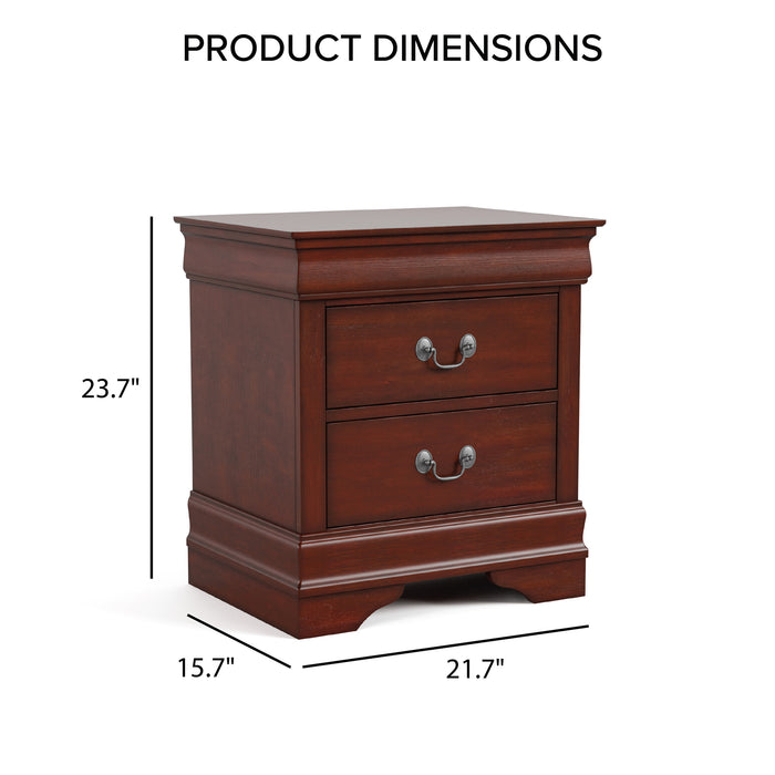 Informational image with a traditional cherry finish solid wood two-drawer nightstand overlaid with product dimensions