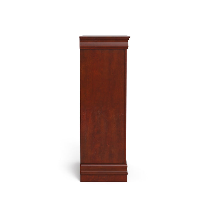 Front facing side view of a traditional cherry finish solid wood five-drawer chest on a white background