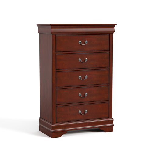 Right facing traditional cherry finish solid wood five-drawer chest on a white background