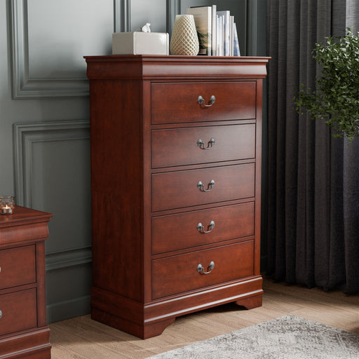 Right facing traditional cherry finish solid wood five-drawer chest in a room with accessories