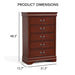 Informational image with a traditional cherry finish solid wood five-drawer chest overlaid with product dimensions