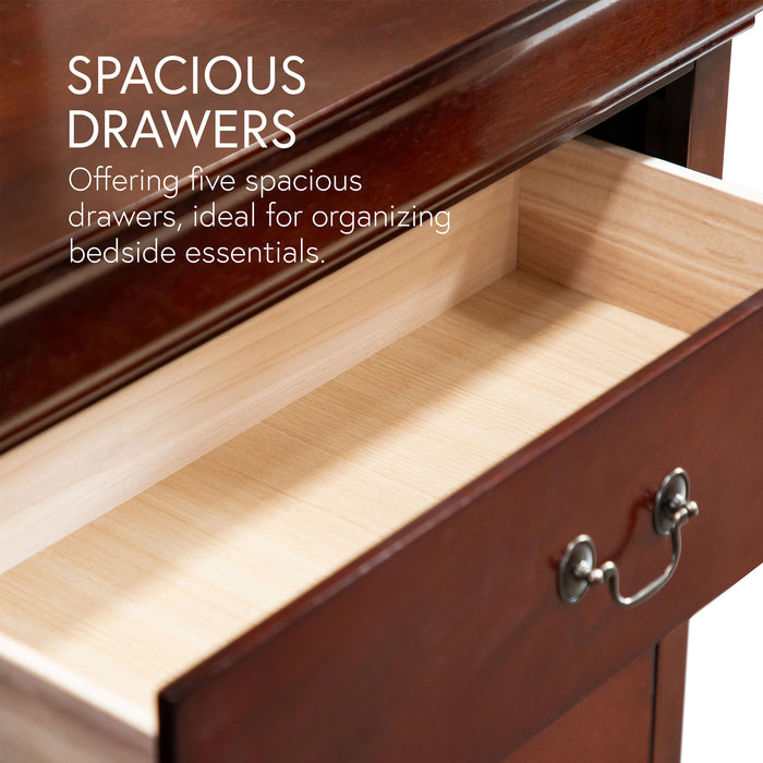 Informational close up image with a traditional cherry finish solid wood five-drawer chest highlighting its spacious drawers for storage