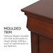 Informational close up image with a traditional cherry finish solid wood five-drawer chest highlighting its elegant molded trim detail