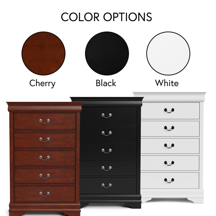 Informational image with a traditional solid wood five-drawer chest highlighting its finish color options