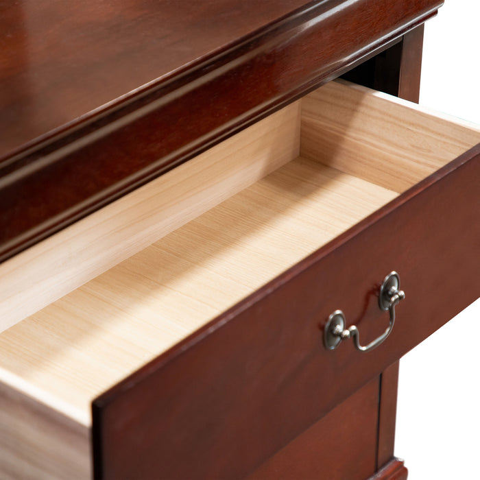 Right facing close up of a traditional cherry finish solid wood five-drawer chest with top drawer open on a white background