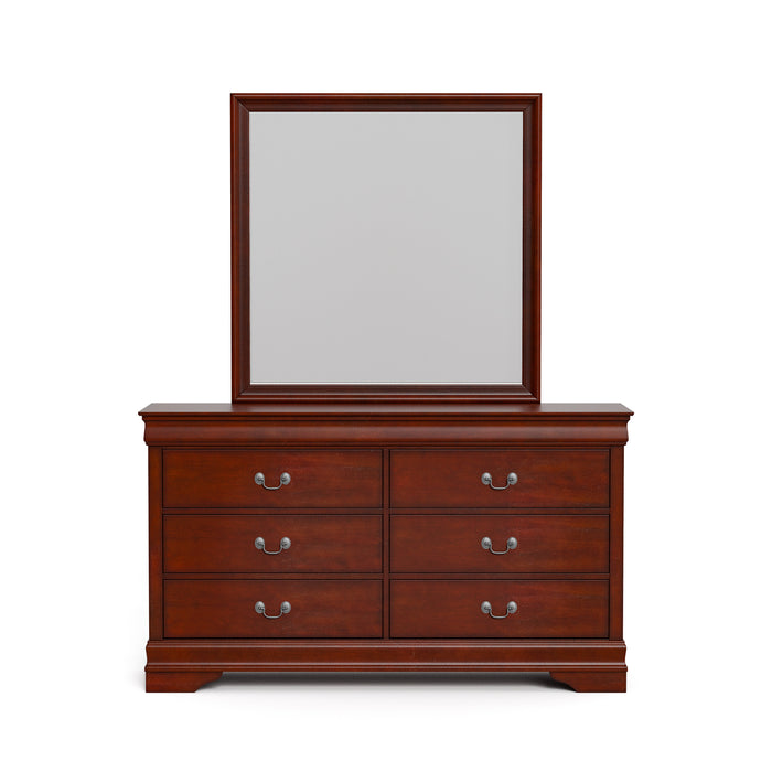 Front facing traditional cherry finish solid wood six-drawer dresser with a framed mirror on a white background