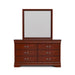 Front facing traditional cherry finish solid wood six-drawer dresser with a framed mirror on a white background