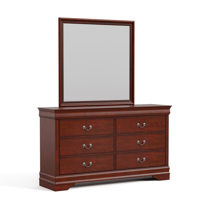 Right facing traditional cherry finish solid wood six-drawer dresser with a framed mirror on a white background