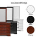 Informational image with a traditional solid wood six-drawer dresser with a framed mirror highlighting its finish color options