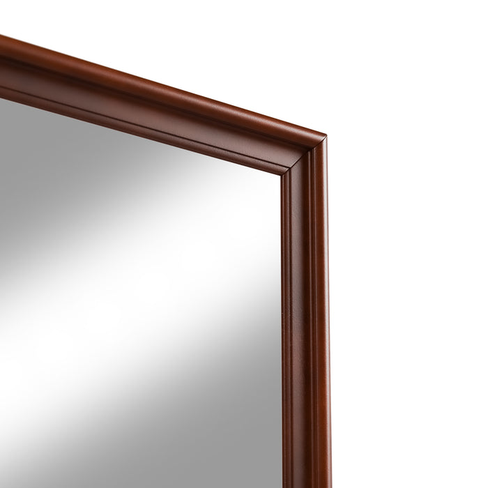 Right facing close up of a traditional cherry finish solid wood six-drawer dresser with a framed mirror showing its framed mirror on a white background