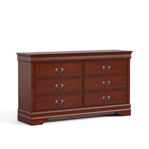 Right facing traditional cherry finish solid wood six-drawer dresser on a white background