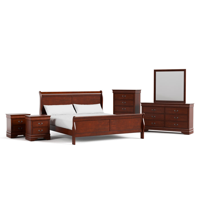 Right facing six-piece traditional cherry finish solid wood king bedroom set with (1) sleigh bed, (2) two-drawer nightstands, (1) five-drawer chest, (1) six-drawer dresser, and (1) mirror on a white background