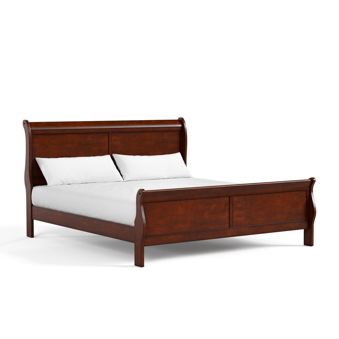 Right facing traditional cherry finish solid wood Eastern king sleigh bed with linens on a white background