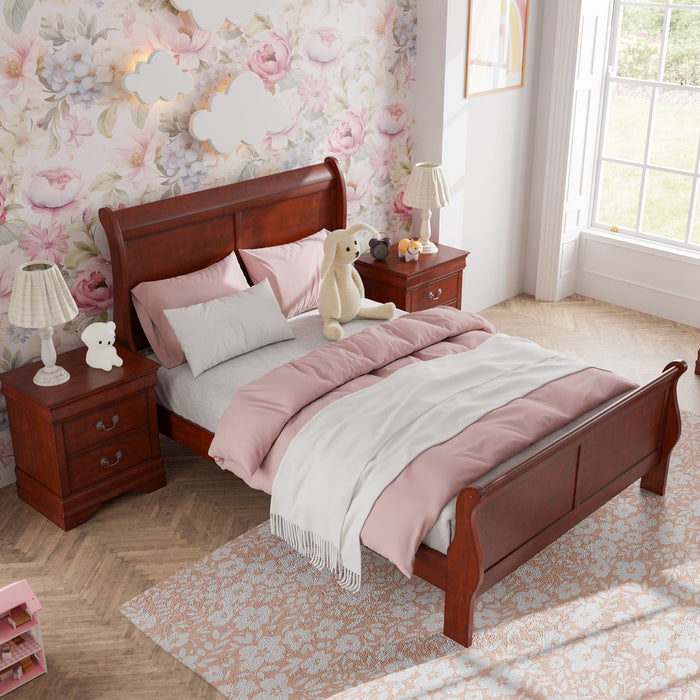 Right facing high-camera view of a three-piece traditional cherry finish solid wood full bedroom set with (1) full sleigh bed and (2) two-drawer nightstands in a room with linens and accessories