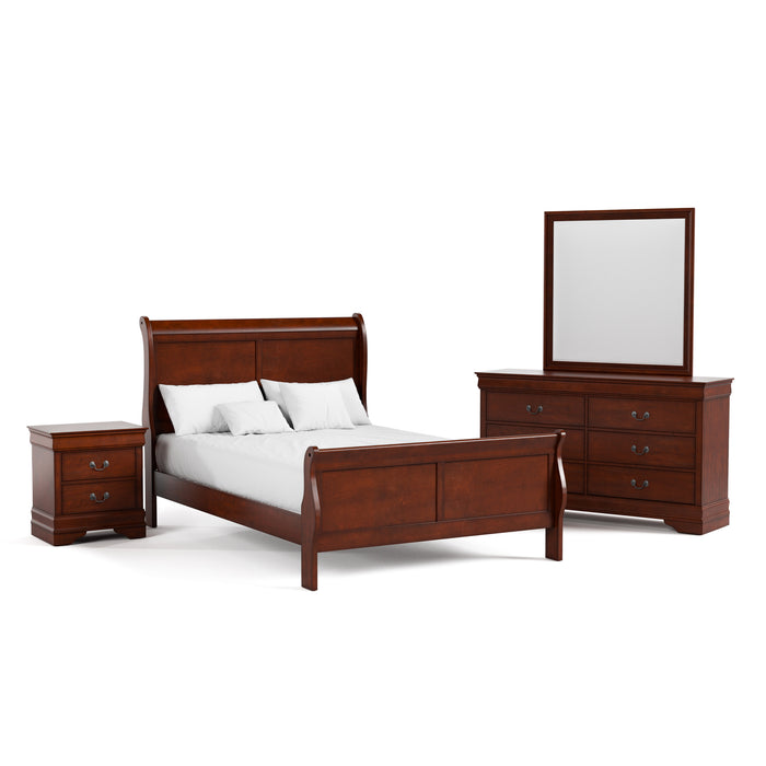 Right facing four-piece traditional cherry finish solid wood full bedroom set with (1) full sleigh bed, (1) two-drawer nightstand, (1) six-drawer dresser, and (1) mirror on a white background